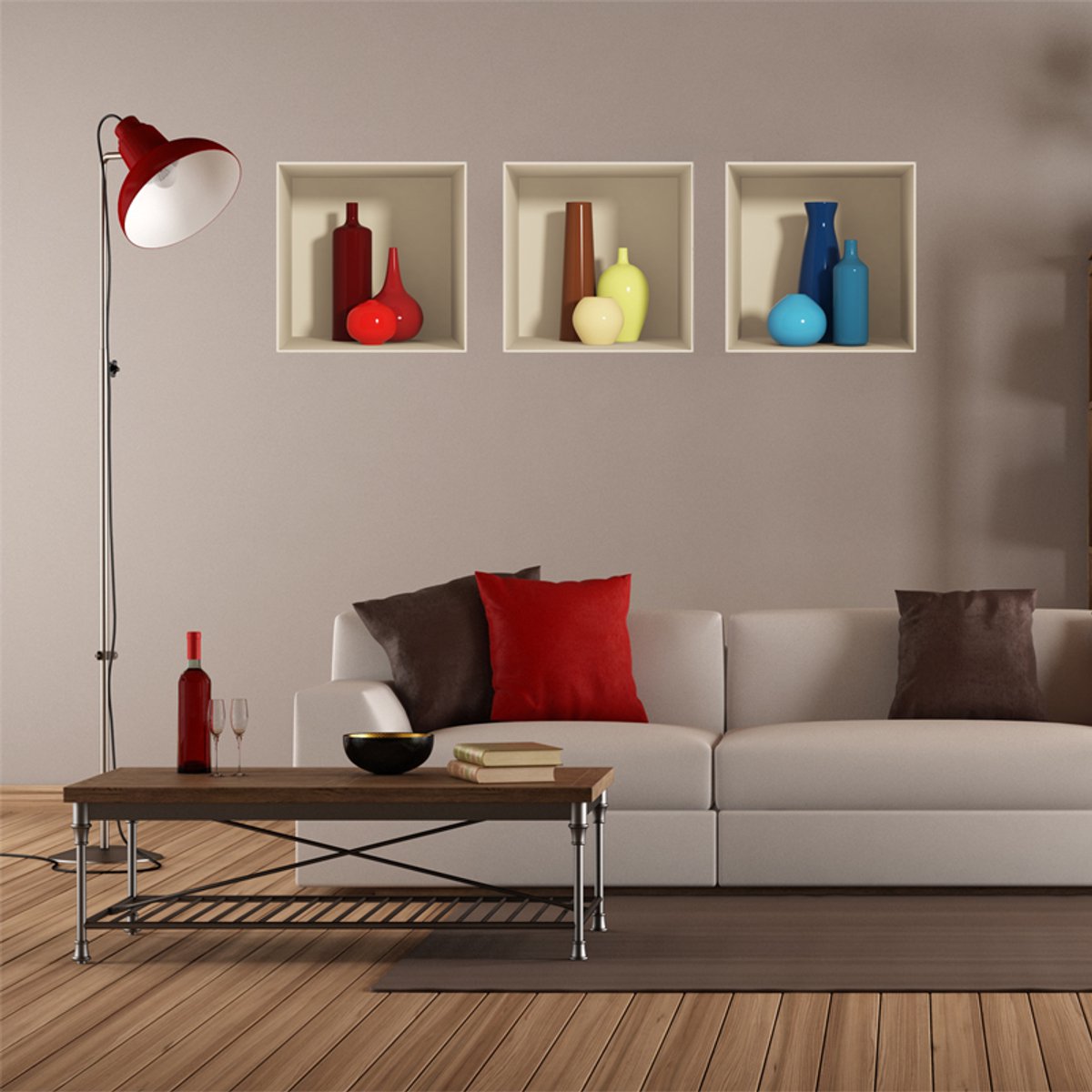 Ambiance Sticker Sticker met 3D-effect en 9 veelkleurige vazen, 40 x 120 cm Multi color
