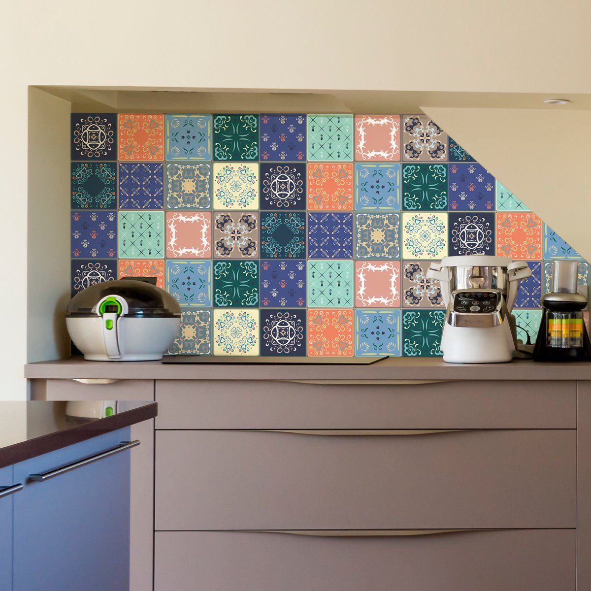 Ambiance Sticker Muurstickers - Zelfklevende tegelmuurstickers voor keuken en badkamer - 9 Salta cementtegelstickers - 12 stickers, 10x10cm Multi color