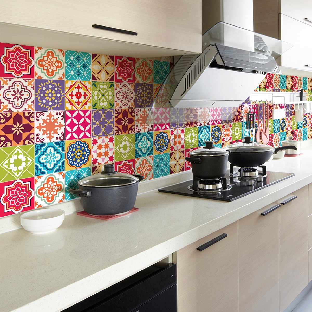 Ambiance Sticker Zelfklevende tegelmuurstickers voor keuken en badkamer - 60 Azulejos Anatolio cementtegelstickers - 60 stickers, 20x20cm Multi color
