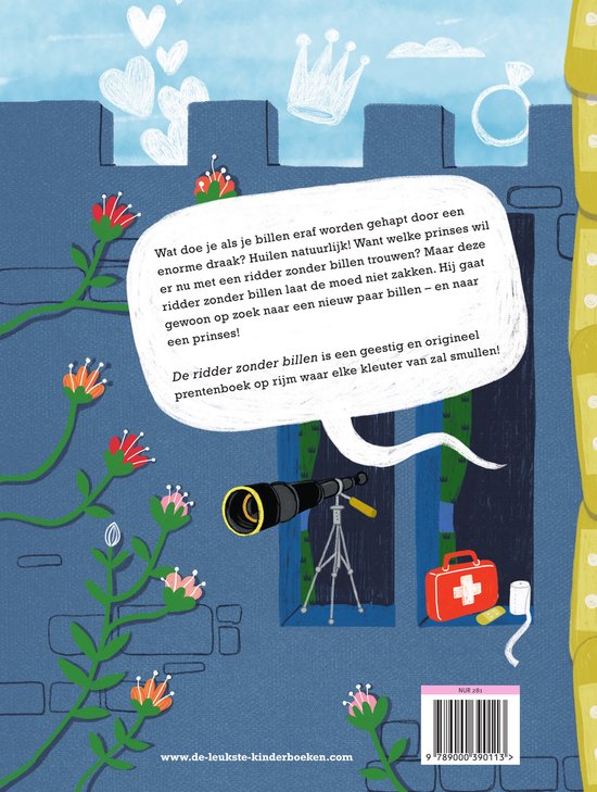 Achterkant van 'De ridder zonder billen'. Kasteelmuur met een spreukballon, een telescoop, een EHBO-doos, ringen en harten.