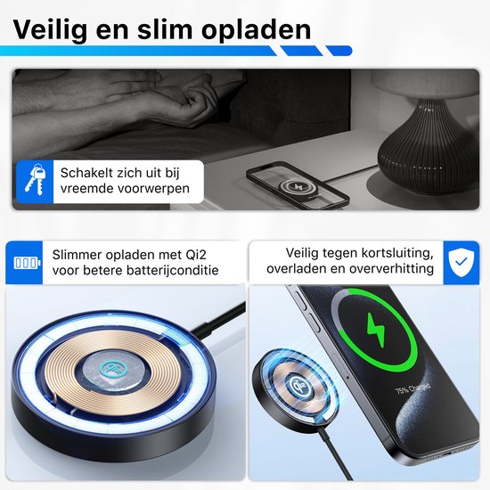 Ronde, magnetische oplader met blauwe LED-verlichting, laadt een telefoon op.
