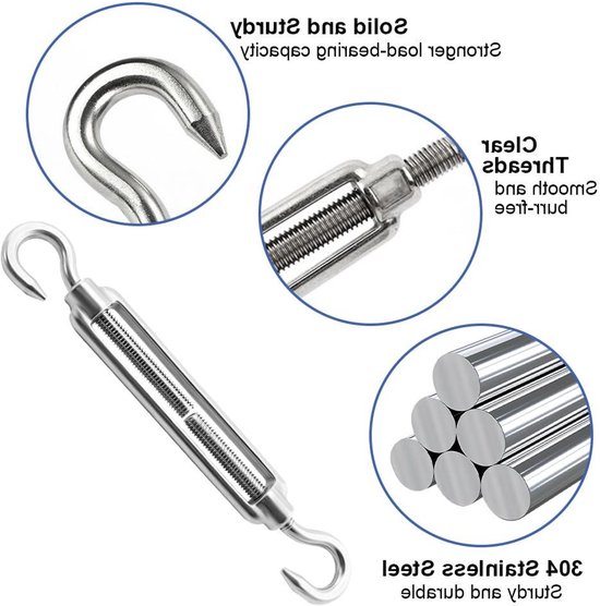 Stainless Steel Turnbuckles With Hooks - Set Of 2 - M6 Adjustable Wire Tensioners For Awnings Gardening And Clotheslines - View #3