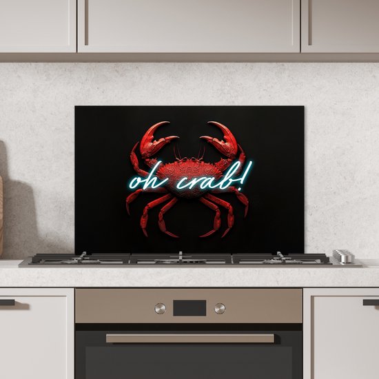 Crédence de Cuisinière en Aluminium 60x40 cm - Crabe - Rouge - Néon - Citation - Écran Pare-éclaboussures pour Plaque de Cuisson - Protection Murale