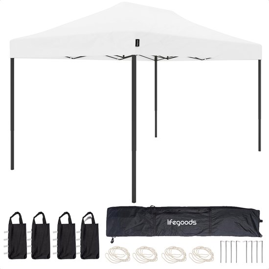 Tente de réception LifeGoods - 3x4,5 m - Easy Up - Pliable - Étanche - Sac de transport à roulettes - Wit