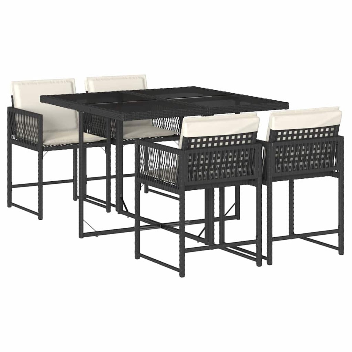 The Living Store 5-delige Tuinset met kussens poly rattan zwart - Bistro Set - Bistrotafel - Buitentijd - Tuinmeubel - Lounge Set