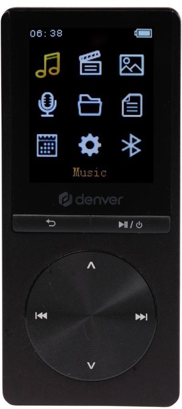 Zwarte Denver MP3/MP4 speler met touch screen display en draaiende navigatieknop.