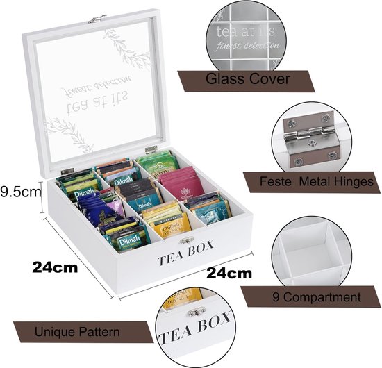 Boîte à Thé En Bois Blanc - 9 Compartiments Pour Sachets - Couvercle En Verre - Design Élégant