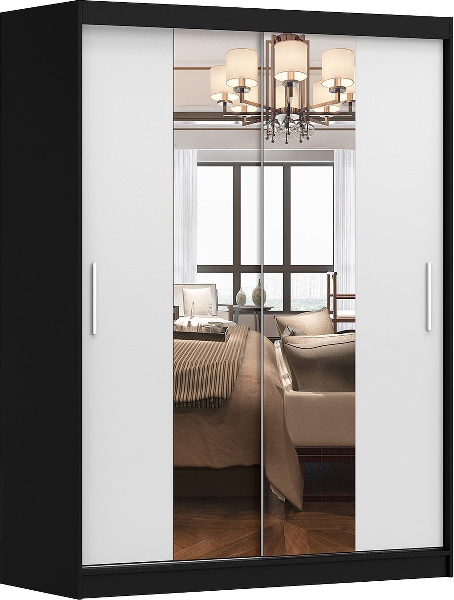 Schuifdeurkast LARA 01 – 2-deurs kledingkast met spiegel, legplanken en kledingroede – modern design – 150x200x61 cm - LARA 01 (Zwart + Wit)
