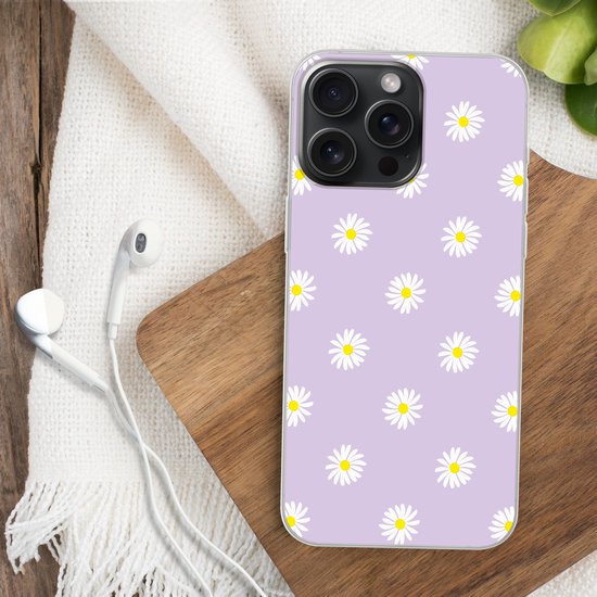 Telefoonhoesje Geschikt voor iPhone 15 Pro Max hoesje - Madeliefjes - Pastel - Wit - Paars - Bloemen - Siliconen Telefoonhoesje Telefoonhoesje