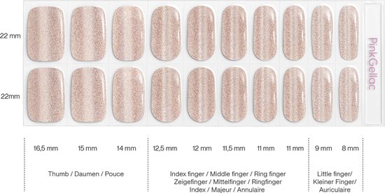 Vel met 20 champagne gouden glitter nagelstickers in verschillende maten, met afmetingen.
