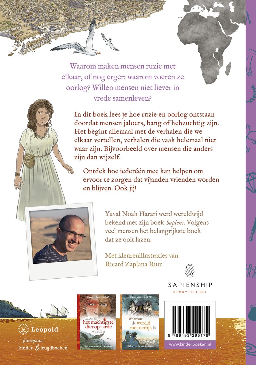 Achterkant van het boek 'Hoe vijanden vrienden kunnen worden' van Yuval Noah Harari, met een illustratie van een vrouw, een wereldkaart en foto's van de auteur.