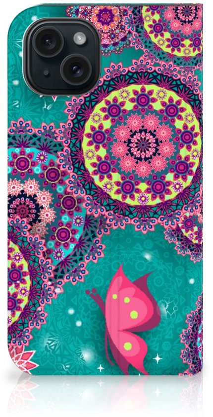 Étui à rabat adapté à iPhone 15 Smart Cover Cercles et papillons