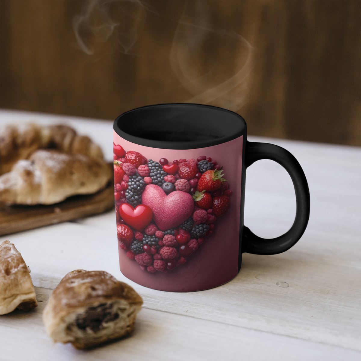Magische Mok - Foto op Warmte Mokken - Koffiemok - Fruit - Hartjes - Aardbeien - Frambozen - Bosbessen - Magic Mok - Beker - 350 ML - Theemok