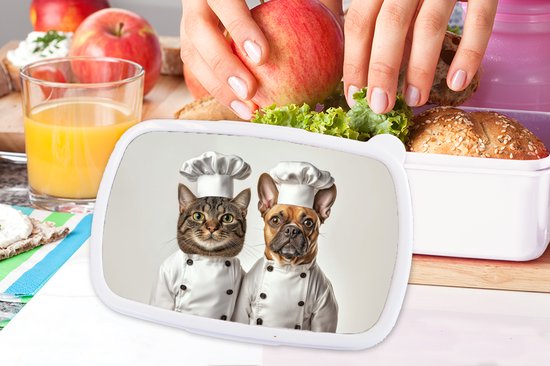 Boîte à pain blanche - Lunchbox Chat - Chien - Vêtements de cuisine - Boîte à lunch 18x12x6 cm