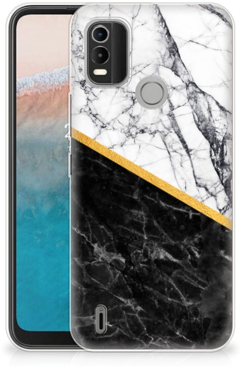 Nokia C21 Plus TPU Siliconen Hoesje Marmer Wit Zwart - Origineel Cadeau Man