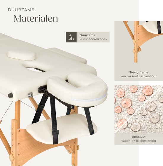 tectake® Massagetafel - 2 Zones, Opvouwbare en Draagbare Massagetafel met 5 cm Vulling, In Hoogte Verstelbaar, Mobiele Massagebank met Houten poten en Accessoires, Draagtas - Beige