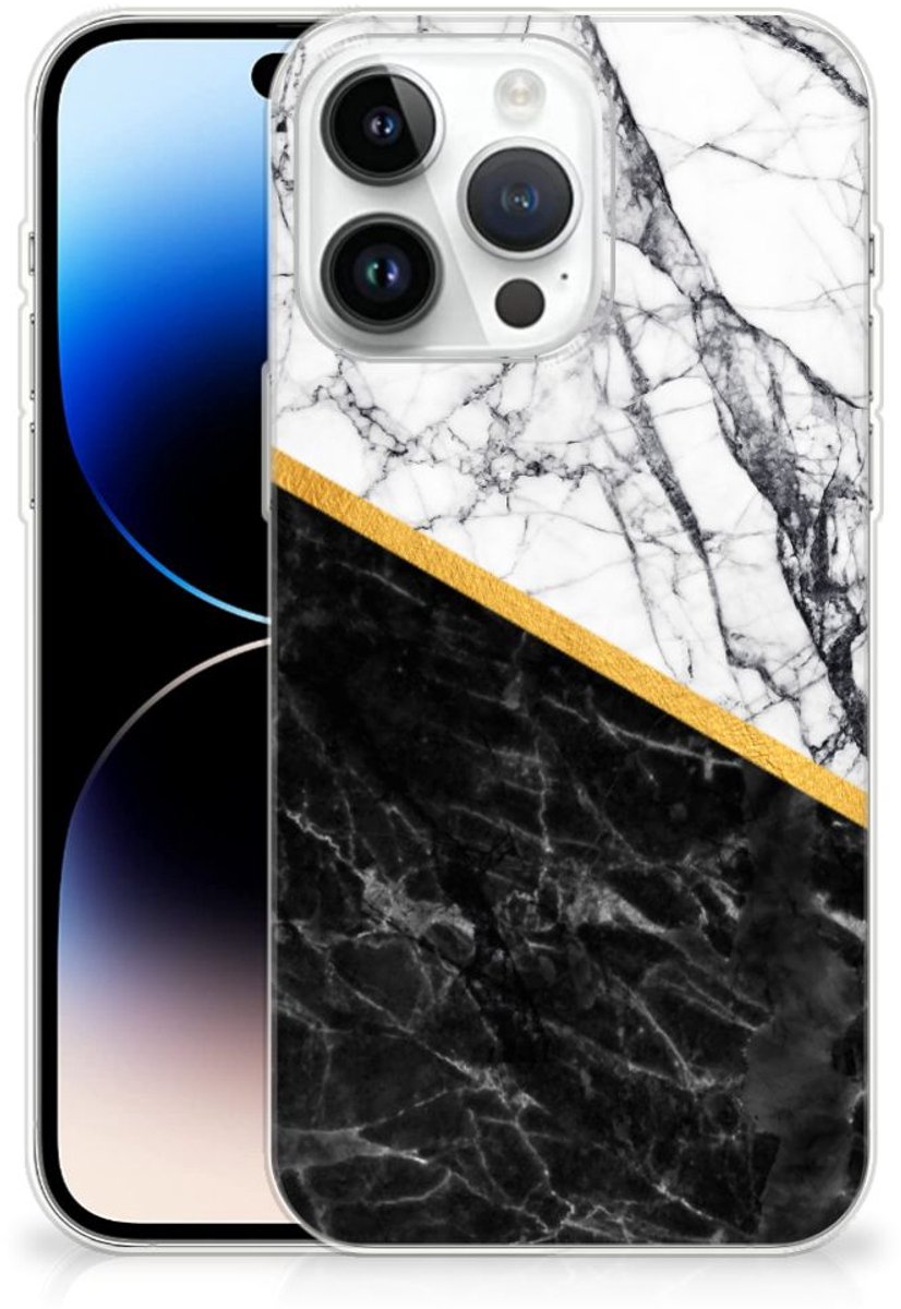 iPhone 14 Pro Max TPU Siliconen Hoesje Marmer Wit Zwart - Origineel Cadeau Man