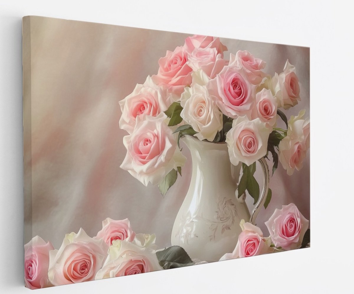 Saammp Canvas Schilderij - Roze bloemen in overvolle vaas - Natuur - Abstract - 40x30 - Foto op canvas - Wanddecoratie - Muurdecoratie Woonkamer - Woonkamer Decoratie Multicolor