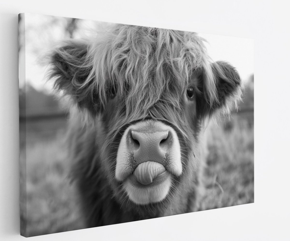 Saammp Canvas Schilderij - Schotse Hooglander Kalf - Zwart-Wit - Dieren - Landschap - 90x60 - Foto op canvas - Wanddecoratie - muurdecoratie Woonkamer - Slaapkamer decoratie - Canvas Print Multicolor