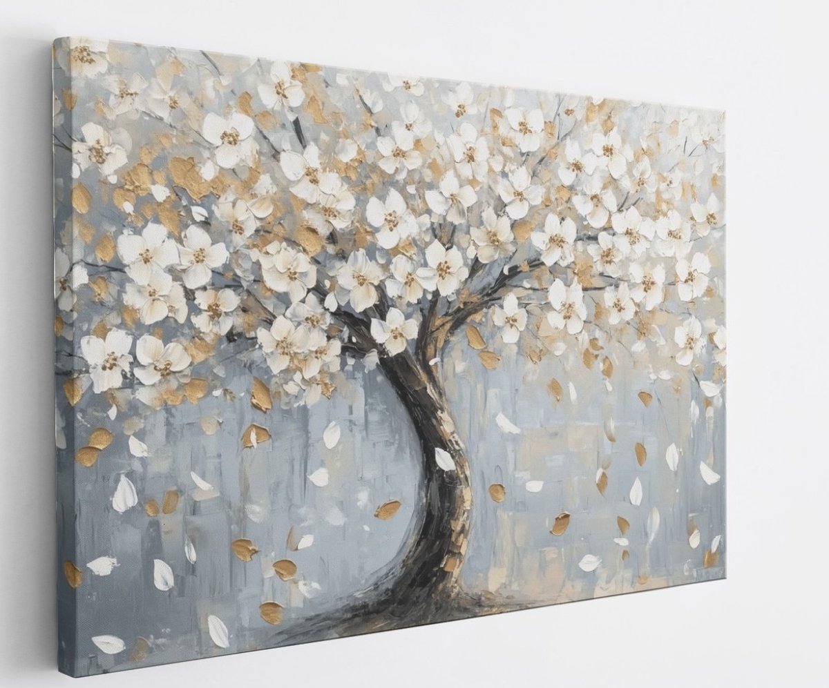 Saammp Canvas Schilderij - Boom met witte bloemen - Abstract - 100x75 - Foto op canvas - Wanddecoratie - Muurdecoratie Woonkamer - Slaapkamer decoratie - Canvas Print Multicolor