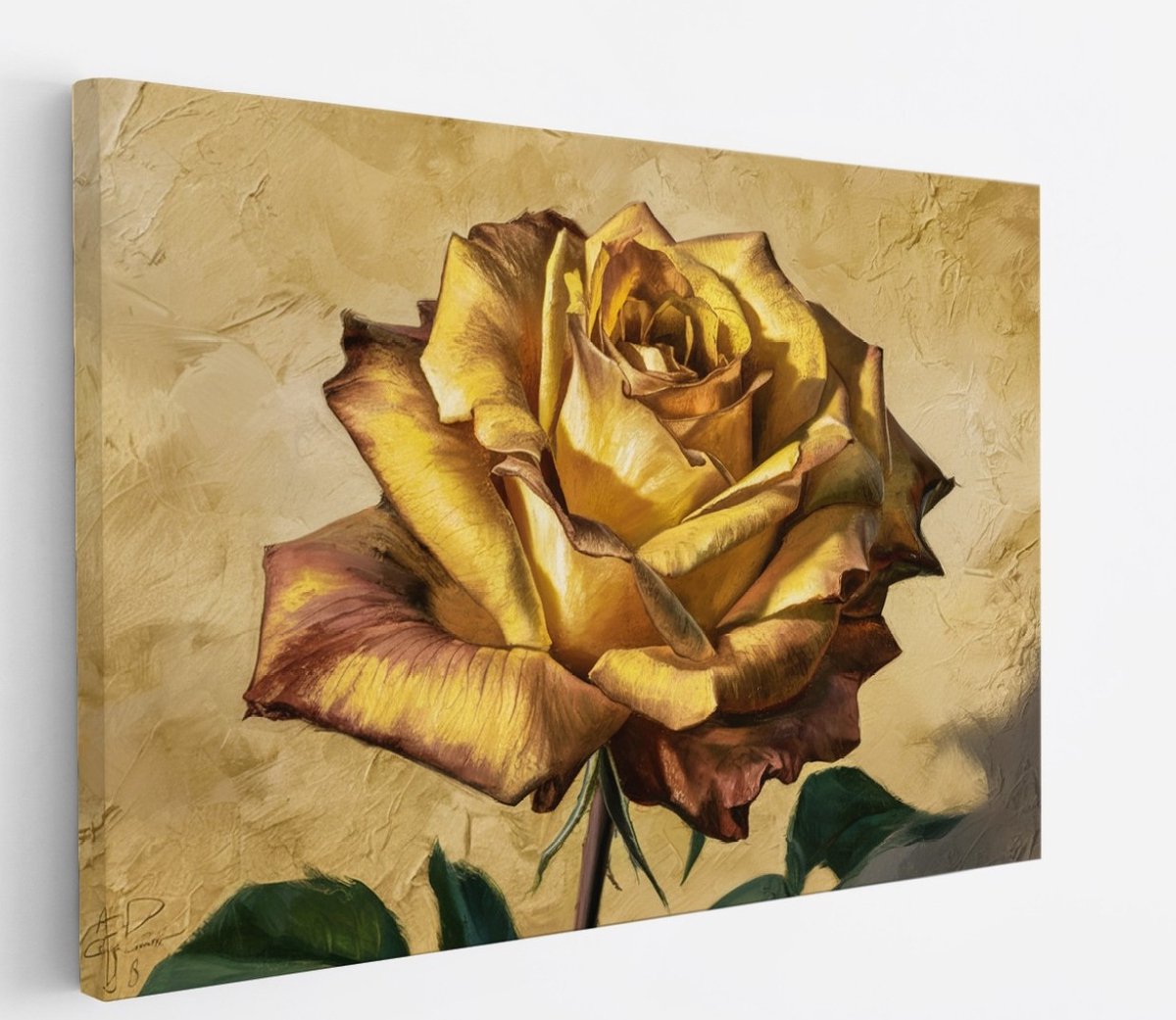 Saammp Canvas Schilderij - Goude Roos - Bloemen - Abstract - 45x30 - Foto op canvas - Wanddecoratie - Muurdecoratie Woonkamer - Kantoor Decoratie Multicolor