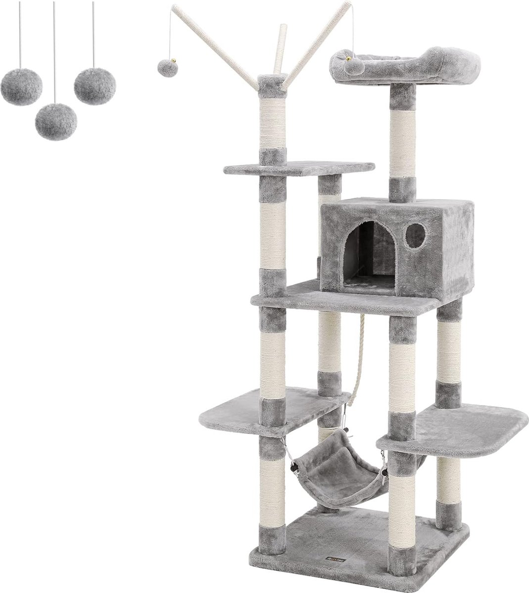 Vasagle Krabpaal groot, 154 cm hoog, XXL kattenboom,2 platforms, mand, hangmat, pluche ballen, meerlaagse kattenkrabpaal, lichtgrijs thumbnail 5