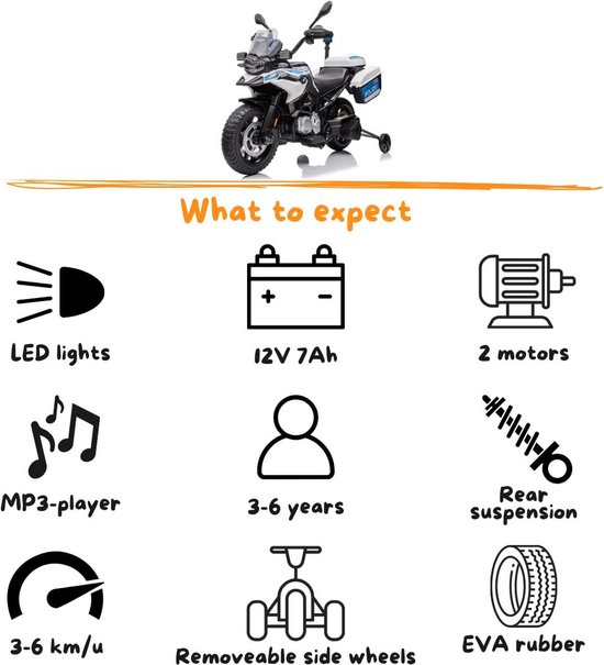 Overzicht van de kenmerken van de politiemotor, inclusief LED lichten, MP3-speler, 3-6 jaar, 3-6 km/u, 12V 7Ah batterij, 2 motoren, achtervering en EVA rubber.
