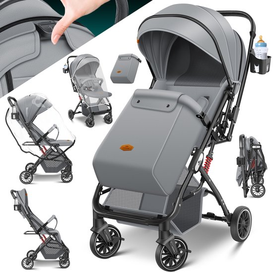 KIDIZ® Buggy 3 in 1 Kinderwagen Inklapbaar met voetenzak Baby Plooibuggy Wandelwagen inclusief Bekerhouder, regenhoes & klamboe Reisbuggy - Grijs / Zwart
