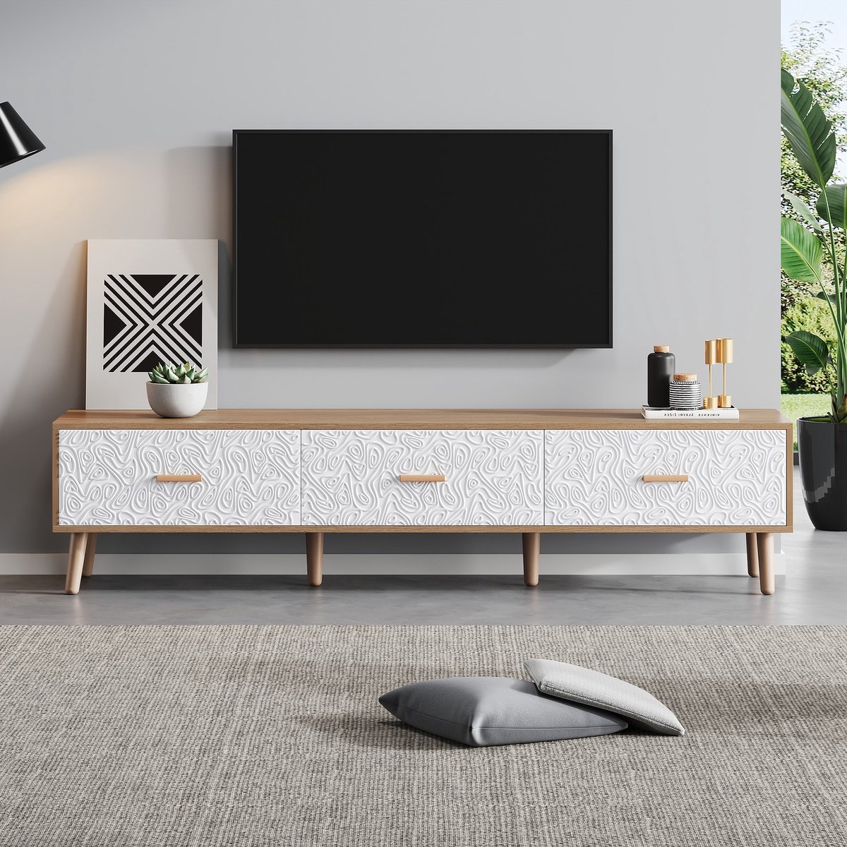 Sweiko TV-meubel - Hout look - Vintage textuur - 150*35*39 cm - Wit+Bruin