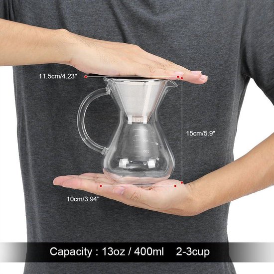 TuToy 400Ml Classic Glas Giet Over Hand Druppelkoffiezetapparaat Pot & Steel Filter Net Draagbaar