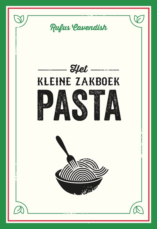 Boek kaft met "Het kleine zakboek pasta" in grote letters, met een vork met spaghetti in een kom.