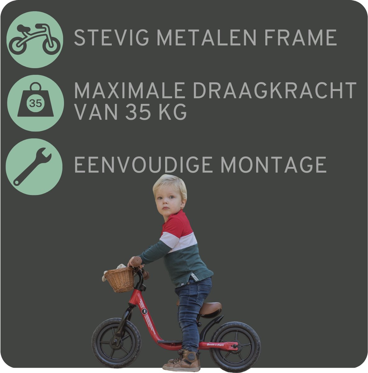 Bandits & Angels Metalen Loopfiets Met Mandje Starter Rood met Voetenplank vanaf 2 Jaar - Limited Edition - Rode Loop Fiets - Verstelbaar Zadel 29 tot 39 cm - Voor Jongens en Meisjes - Compact en Veilig - Lage Instap met Voetenplank — afbeelding 4