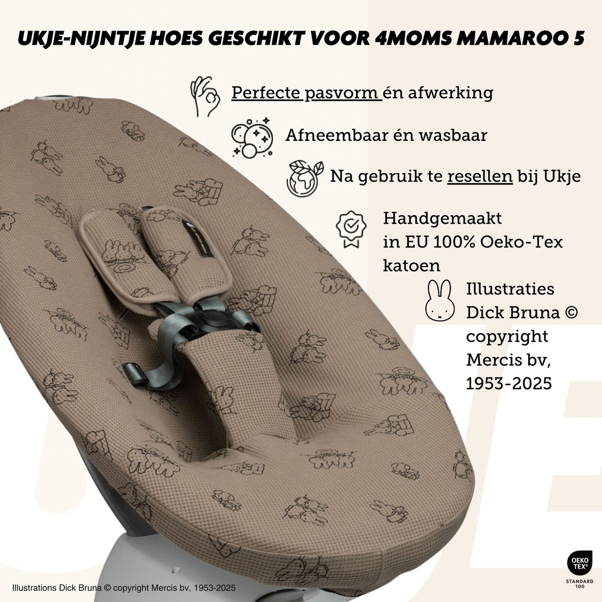 Ukje-Nijntje Wipstoelhoes geschikt voor 4Moms Mamaroo 5 Rockaroo Wipstoel - Hoes met Waterdichte Voering ter Bescherming van je Stoel - Perfecte Pasvorm - Met Gordelbeschermers - Makkelijk Wasbaar - Zacht Katoen - Taupe Nijntje – foto 8