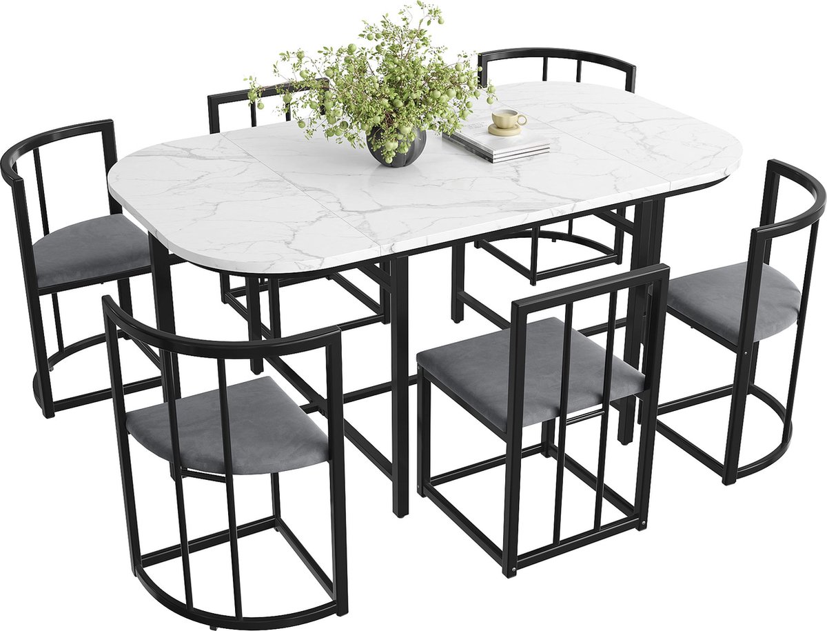 Merax Sechs-Stuhl Esstischset:(Weißer Tisch, Stühle mit Rückenlehnen und grauen Polstern, Schwarzfarbenes Eisengestell),Esszimmertisch und Stuhlset,Moderne Esstischkombination(previous sku:308399408AA) Wit
