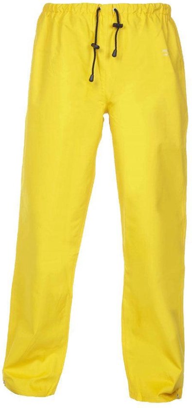 Gele regenbroek met elastische tailleband en trekkoord.