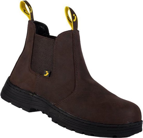 Donkerbruine leren Chelsea boot, opzij gefotografeerd met gele lusjes en zwarte zool.