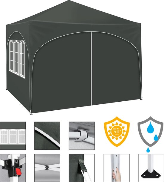 Vihes Opvouwbaar Tuinhuisje - Kunststof - Met 4 zijwanden - Waterafstotend - UV-bescherming - In hoogte verstelbaar - Voor tuin /Camping /Picknick - Grijs — afbeelding 2