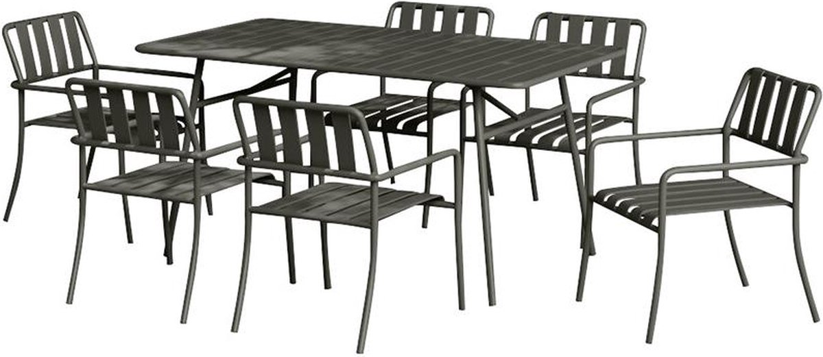 Vente-unique Tuineethoek van metaal: een tafel D160 cm en 6 fauteuils - Antracietgrijs - BIRMOS van MYLIA L 160 cm x H 81.5 cm x D 80 cm