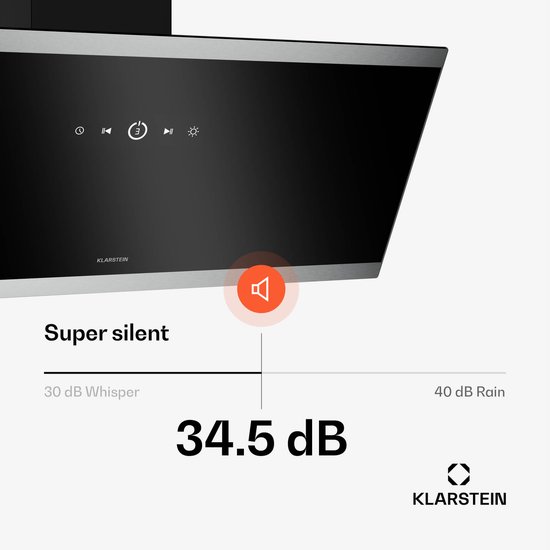 Afzuigkap met 34.5 dB geluidsniveau, vergeleken met een fluistering en regen.