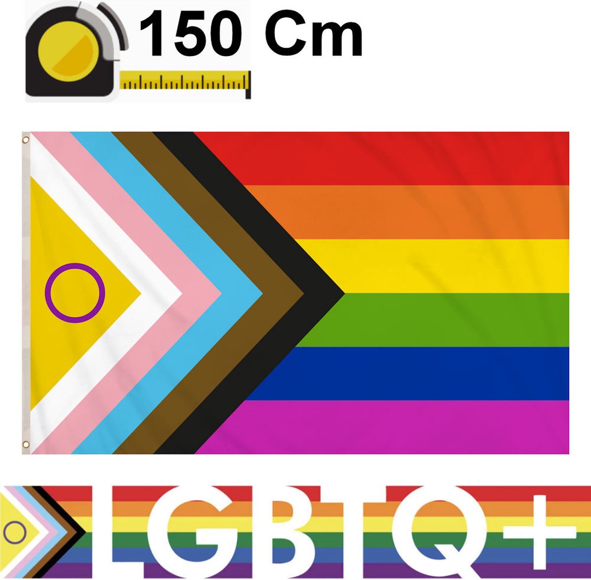 Henbrandt - LGBTQ vlag - Pride vlag - Pride flag - Regenboog vlag - Afm 150 x 90 Cm - Intersex - Met Dubbel Gestikte Naden en Metalen Oogjes - Pridevlag - Vlaggen - Flag - LGBTQ+ - Polyester