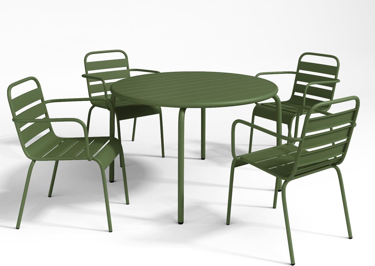 Vente-unique Tuineethoek van metaal - Een tafel D110 cm en 4 opstapelbare fauteuils - Kaki - MIRMANDE L 110 cm x H 79 cm x D 110 cm