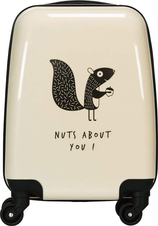 Crèmekleurige kinder koffer met een zwarte eekhoornprint en de tekst 'NUTS ABOUT YOU !'.