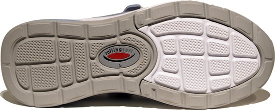 Zool van een lichtblauwe Gabor sneaker met 'rolling soft' logo en grip patroon.