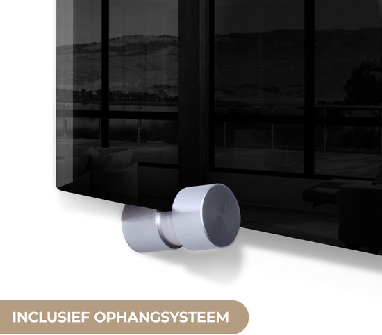 MuchoWow® Glasschilderij 120x90 cm - Schilderij acrylglas - Vrouw - Luipaard - Luxe - Zwart - Wit - Dier - Foto op glas - Muurdecoratie woonkamer - Wanddecoratie slaapkamer - Schilderijen