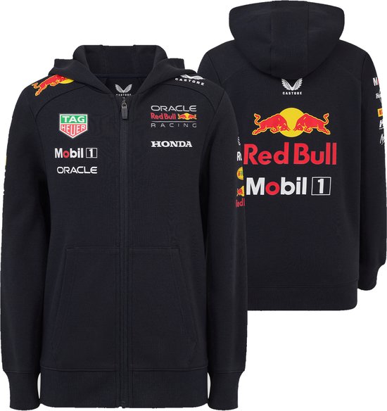 Donkerblauwe hoodie, voor- en achterkant zichtbaar. Met "Red Bull Racing" logo's en diverse sponsors.