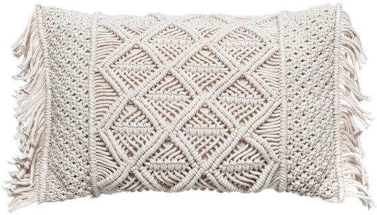 Coussin macramé 30x50, déco salon de jardin couleur ivoire