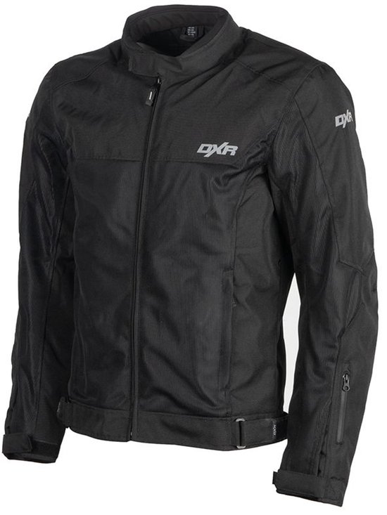 Blouson de moto noir à rayures verticales, logo DXR sur la poitrine et les poignets.