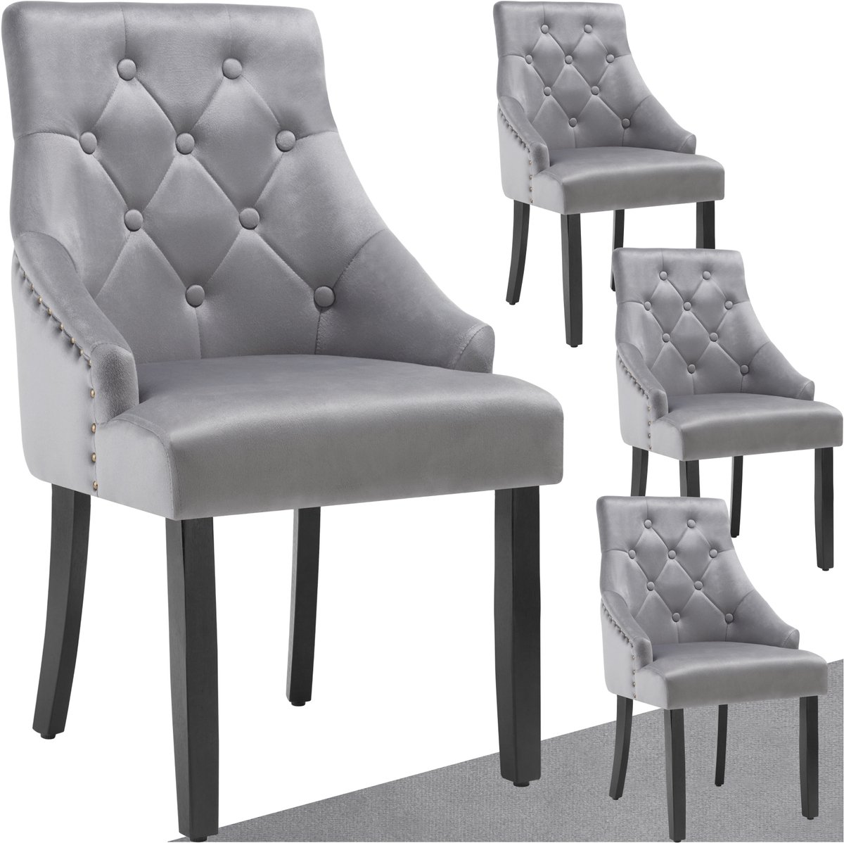 tectake® - Set van 4 eetkamerstoelen Everdeen - Fluweellook, gestikt - Met armleuningen - Massieve houten poten - Stoel voor de woonkamer, eetkamer, keuken - Grote rugleuning - Lichtgrijs / zwart