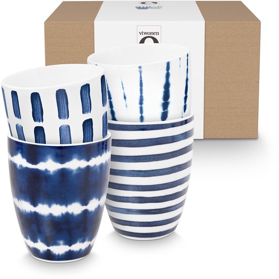 vtwonen - Mugs sans anse - Mug à café - Blauw, Wit - Porcelaine - 400 ml - Set de 4