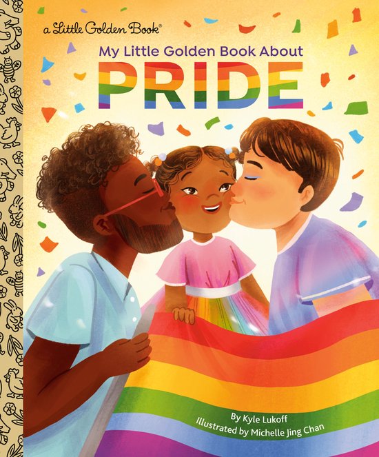 Boek kaft met "My Little Golden Book About PRIDE" met regenboogkleuren. Twee ouders kussen hun kind op de wangen.